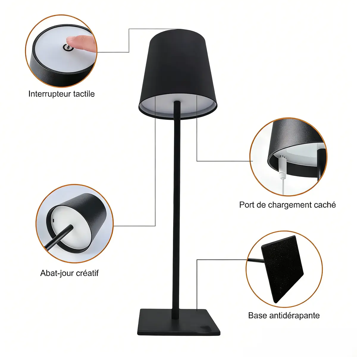 Lampe de table sans fil rechargeable noire IP44 5W 3,7V 1200mAh 3000 / 4500 / 6500K – Lampe à poser LED sans fil - Luminaires professionnels-7