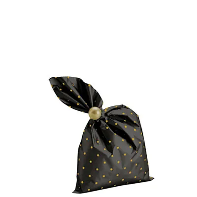 Pochette cadeau métallisée noire pois or Amore 15 x 25 cm - Sachet cadeau noir/or - Lot de 50 - Pochettes cadeaux métallisées