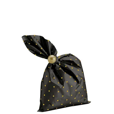 Pochette cadeau métallisée noire pois or Amore 20 x 35 cm - Sachet cadeau noir/or - Lot de 50 - Pochettes cadeaux métallisées