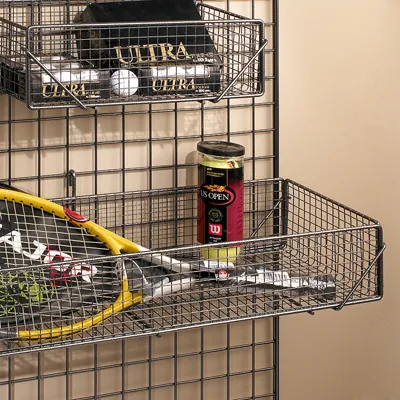 Corbeille fil métal pour grille d’exposition 80 x 26 x 13 cm - Panier fil pour grille - Gris Martelé - Tablettes, Corbeilles et Porte visuels pour grilles-1