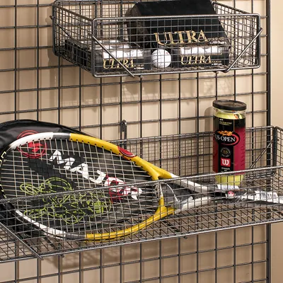 Corbeille fil métal pour grille d’exposition 40 x 20 x 13 cm - Panier fil pour grille - Gris Martelé - Tablettes, Corbeilles et Porte visuels pour grilles-1