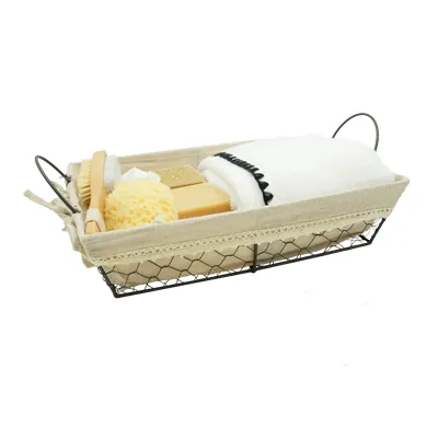 Corbeille métal rectangulaire marron tissu beige avec 2 anses 35 x 25 x 9 cm - Corbeilles métal-1