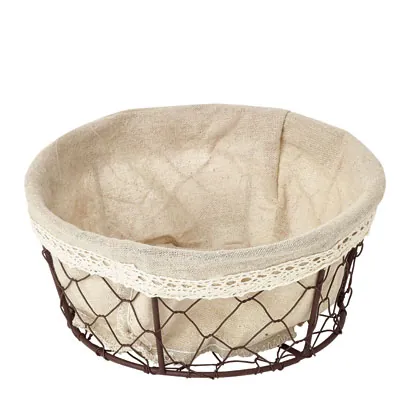 Corbeille métal ronde marron avec tissu beige ø 19 x 8,5 cm - Corbeilles métal