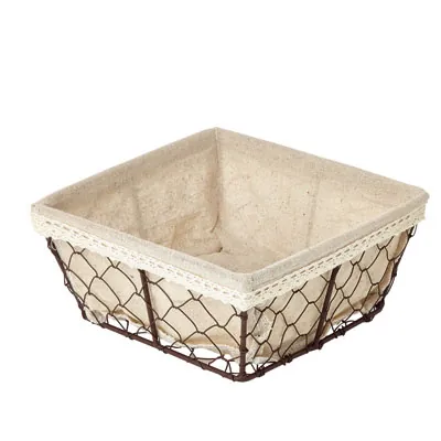 Corbeille métal carrée marron avec tissu beige 18 x 18 x 8 cm  - Corbeilles métal