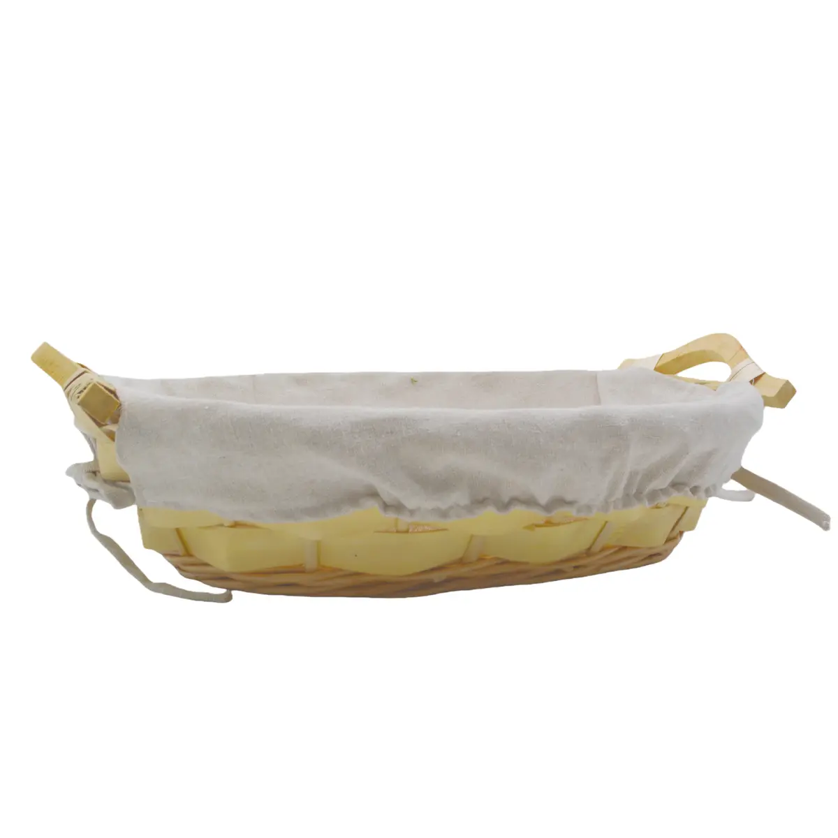 Corbeille osier ovale avec tissu beige et poignées bois 27 x 29 x 10 cm - Panier osier ovale avec tissu et poignées - Corbeilles osier