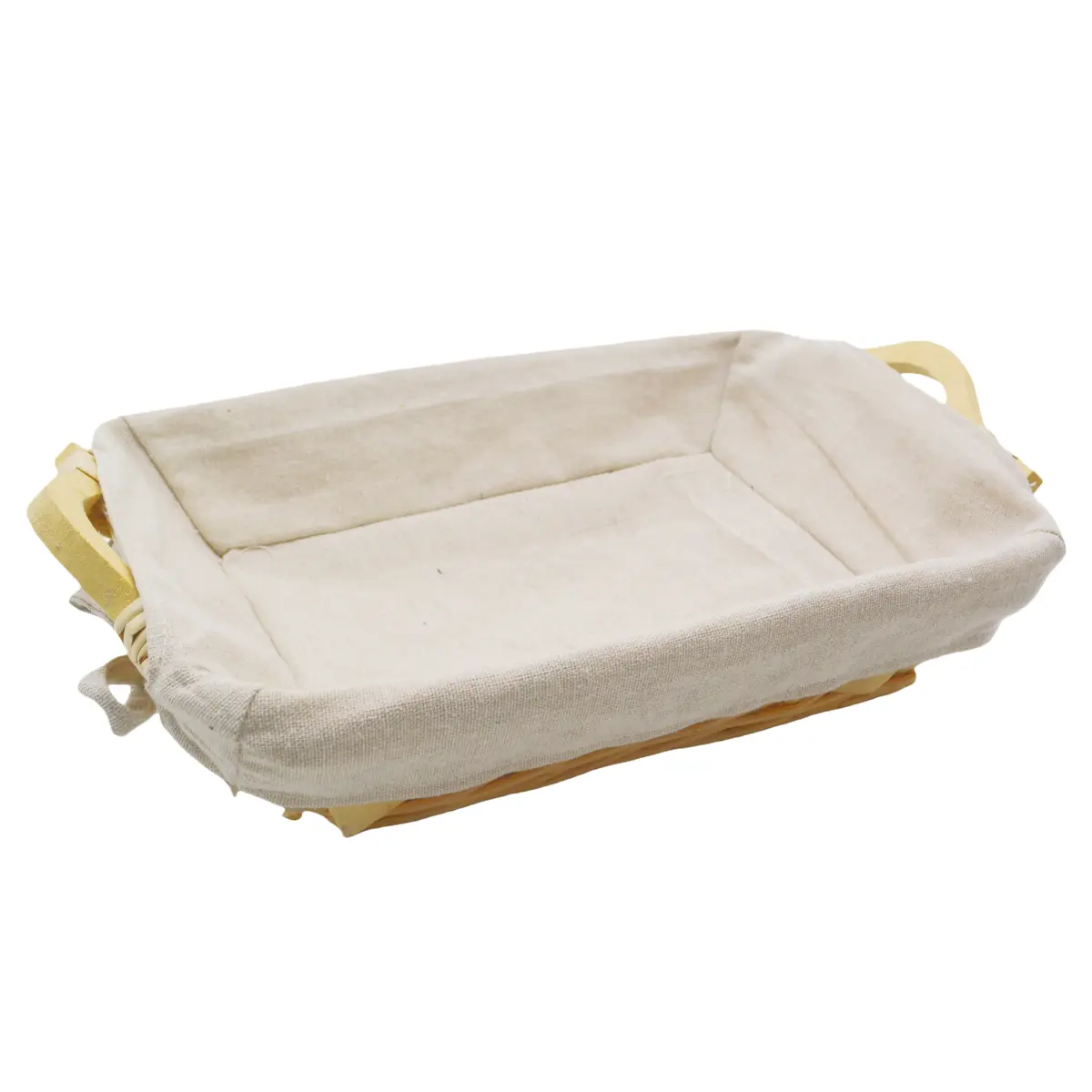 Corbeille osier rectangulaire avec tissu beige et poignées bois 30 x 23 x 8 cm - Panier osier rectangulaire avec tissu et poignées - Corbeilles osier-1