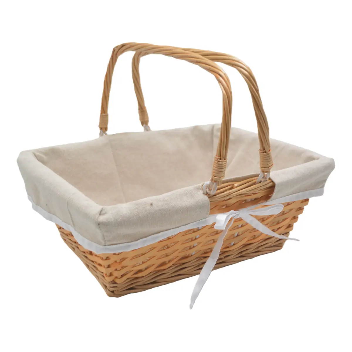 Panier en osier avec double anses rabattables et tissu beige 35 x 27 x 13 cm - Paniers