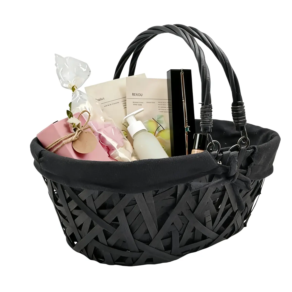 Panier en osier noir avec double anses rabattables et tissu noir 36 x 28 x 15 cm - Paniers à garnir-2