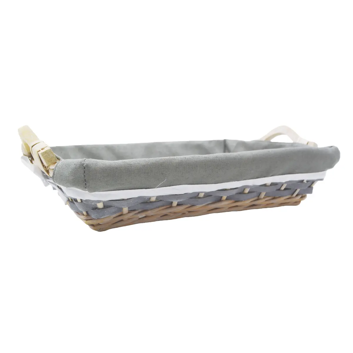 Corbeille osier rectangulaire avec tissu gris et poignées bois 38 x 27 x 8 cm - Panier osier rectangulaire avec tissu et poignées - Corbeilles osier