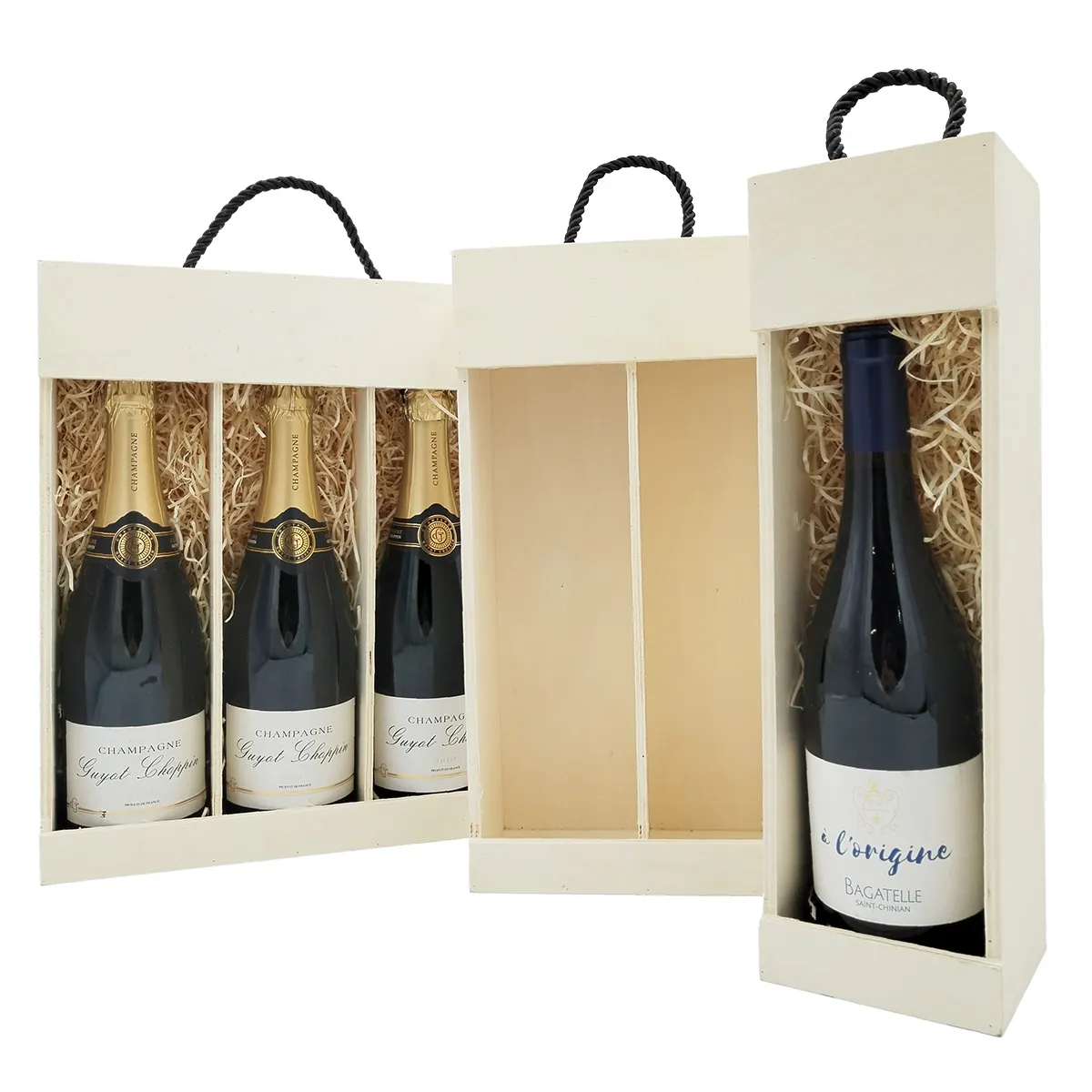 Coffret bouteille bois ouvert en façade 10,8 x 37,5 cm - 1 bouteille - Lot de 5 - Coffrets pour bouteilles de vin, Boîtes pour bouteilles de vin-3