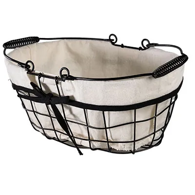 Panier métal ovale noir tissu blanc avec 2 anses 30 x 20 x 13 cm - Paniers