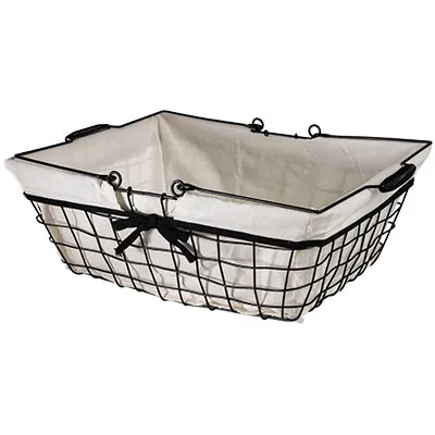 Panier métal rectangulaire noir tissu blanc avec 2 anses 39 x 25 x 15 cm - Paniers