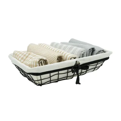 Corbeille métal rectangulaire noire avec tissu blanc 30 x 20 x 8 cm - Corbeilles métal-1