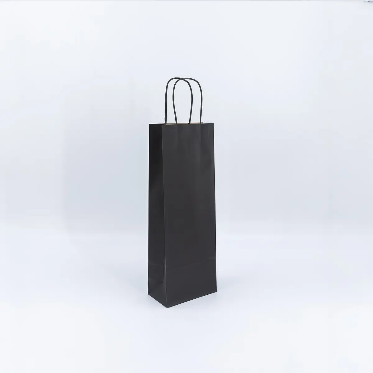 Sac 1 bouteille noir poignées torsadées 14 x 8 x 39 cm, paquet de 50 - Sacs pour bouteilles de vin