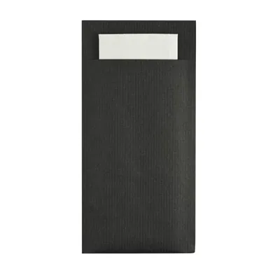 Pochette à couverts noire + serviette blanche 10 x 20 cm – Lot de 60 - Serviettes en papier