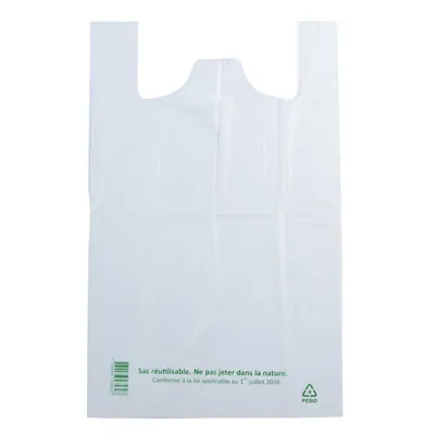 Sac bretelle plastique réutilisable blanc PEBD 50L 50μ 55 x 20 x 90 cm - Lot de 100 - Sacs plastique bretelles