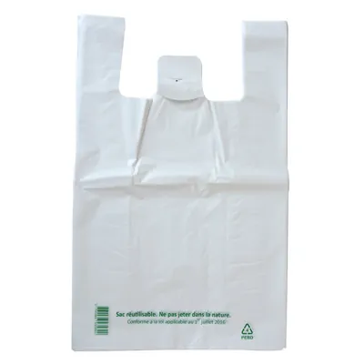 Sac bretelle plastique réutilisable blanc PEBD 50L 50μ 55 x 20 x 90 cm - Lot de 100 - Sacs bretelles plastique réutilisables-1
