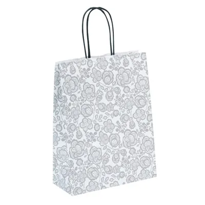 Sac cadeau motif floral gris / blanc poignées noires 18 x 8 x 24 cm - Sac cadeau papier - Lot de 50 - Sacs kraft à motifs