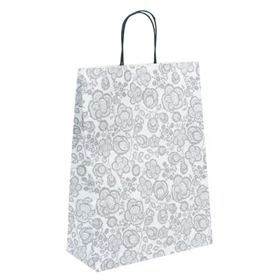 Sac cadeau motif floral gris / blanc poignées noires 27 x 12 x 37 cm - Sac cadeau papier - Lot de 50 - Sacs kraft à motifs