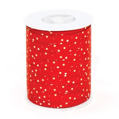 Bolduc rouge étoiles or 10 mm x 250 m polypropylène - Bolducs imprimés et à motifs