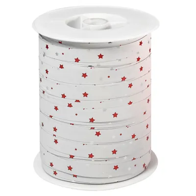 Bolduc blanc étoiles rouge et argent 10 mm x 250 m polypropylène - Bolducs imprimés et à motifs