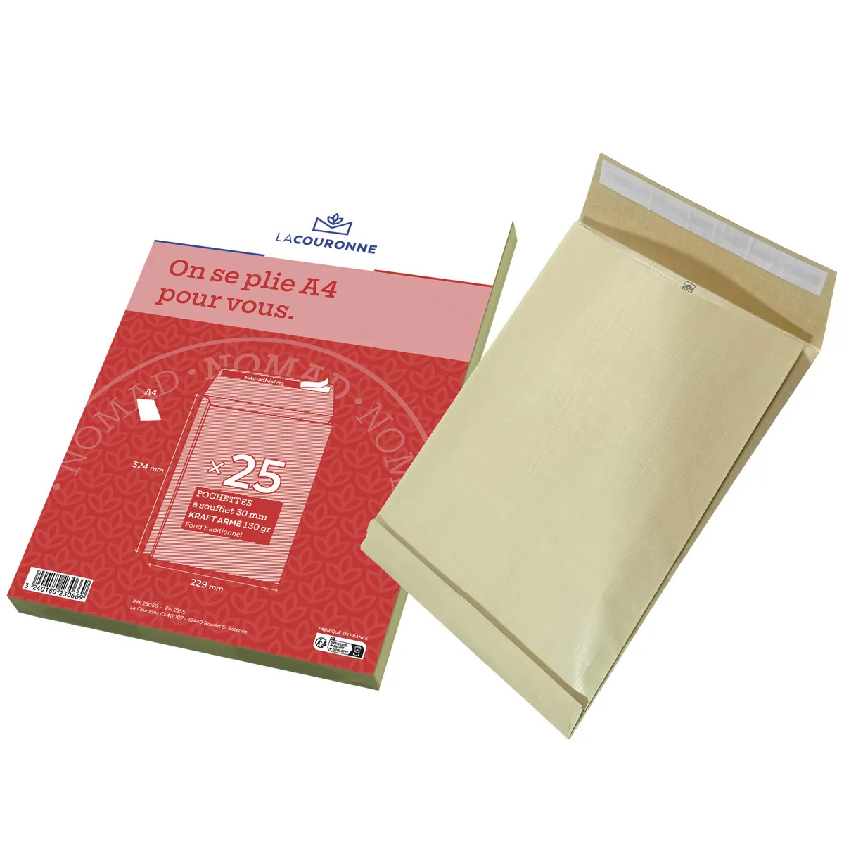 Pochette avec soufflets C4 kraft brun sans fenêtre La Couronne 229 x 324 mm 130g – Paquet de 25 - Pochettes kraft-1