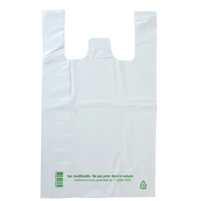 Sac bretelle plastique réutilisable blanc PEBD 50L 50μ 40 x 20 x 70 cm - Lot de 250 - Sacs bretelles plastique réutilisables