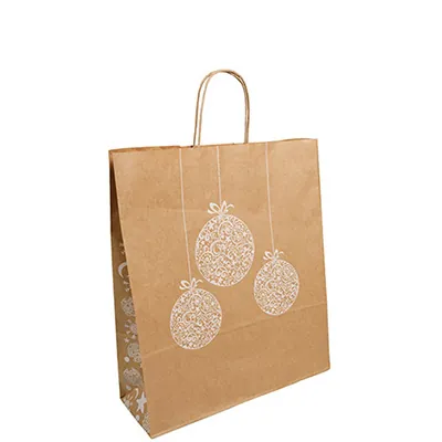 Sac kraft poignées torsadées Natale brun motif blanc 19 x 8 x 21,5 cm - Paquet de 50 - Sacs kraft à motifs