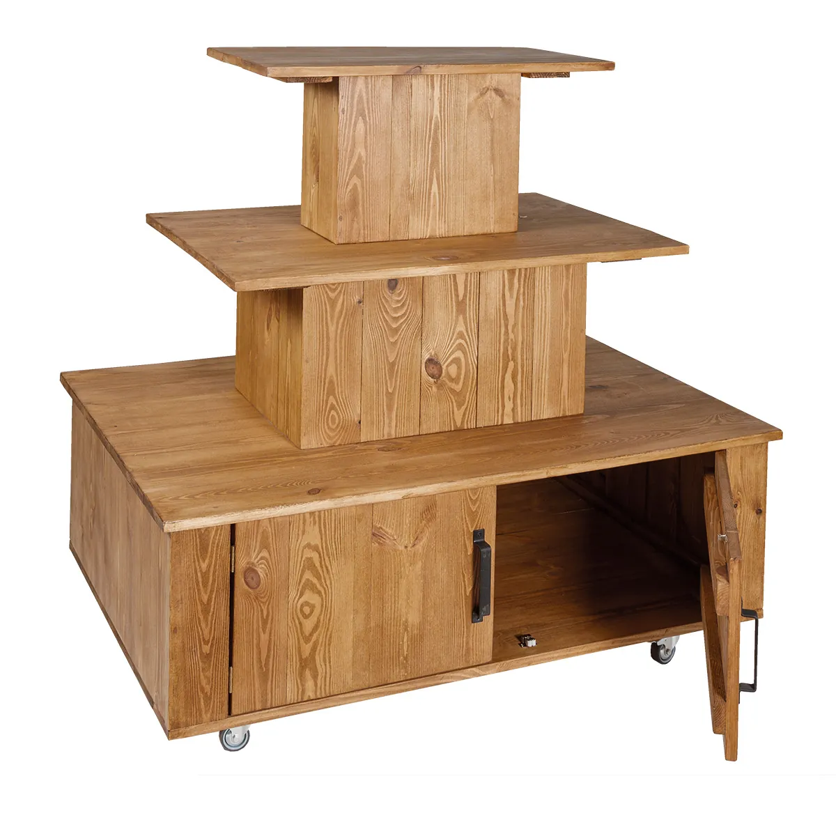 Présentoir central à roulettes 3 niveaux bois massif 119 x 79 x 110 cm - Podium de présentation mobile - Podiums-1
