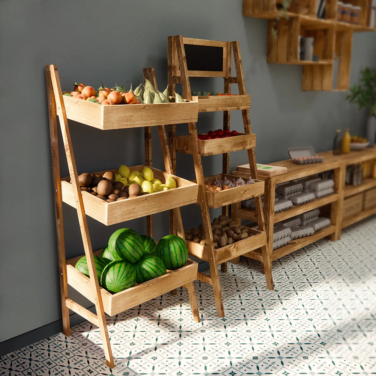 Présentoir fruits et légumes bois massif 3 étages 70 x 50 x 160 cm - Mobilier primeur - Ligne Authentique-1