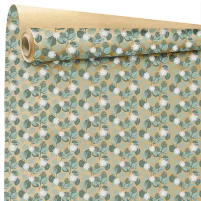 Papier cadeau kraft brun/vert/blanc Eucalyptus 70 cm x 50 m 60g/m² - Papiers cadeaux kraft à motifs-1