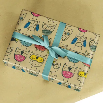 Papier cadeau Hibou kraft brun recyclé 70 cm x 50 m 65 g/m² – le rouleau - Papiers cadeaux enfants-1
