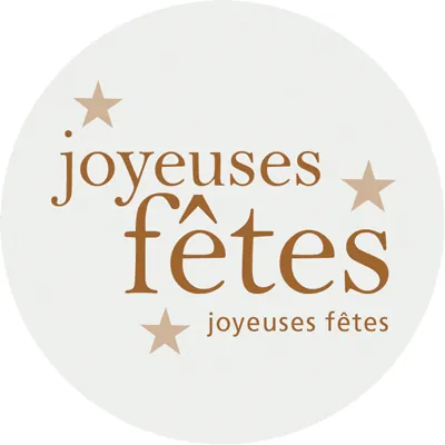 Étiquettes adhésives Joyeuses Fêtes Écru / Marron ø 65 mm - Boîte de 200 - Étiquettes cadeaux adhésives