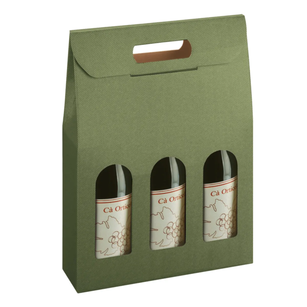 Boîte carton 3 bouteilles à fenêtre 27 x 9 x 38,5 cm Vert - Étui 3 bouteilles - Coffret 3 bouteilles - Paquet de 10 - Coffrets pour bouteilles de vin, Boîtes pour bouteilles de vin-1