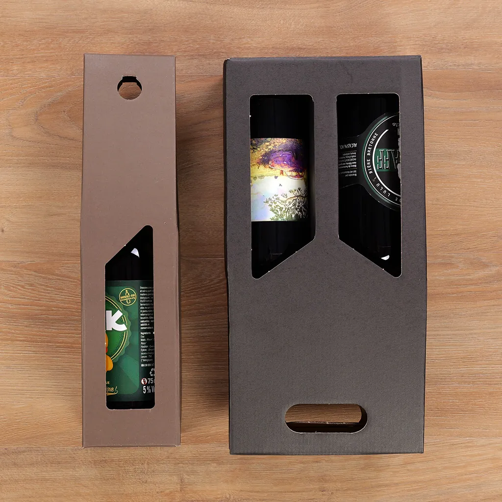 Coffret bouteille de vin avec poignée et fenêtre - 1 bouteille - marron - 9 x 9 x 38 cm - Paquet de 50 - Coffrets pour bouteilles de vin, Boîtes pour bouteilles de vin-2