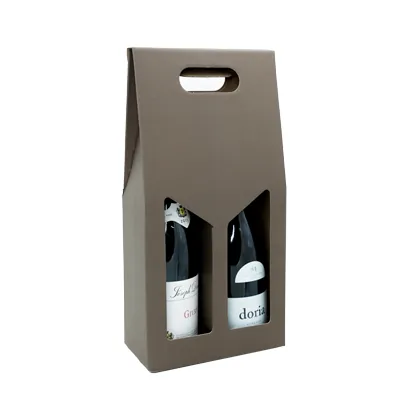 Coffret bouteille de vin avec poignée et fenêtre - 2 bouteilles - marron - 18 x 9 x 38 cm - Paquet de 20 - Coffrets pour bouteilles de vin, Boîtes pour bouteilles de vin-1