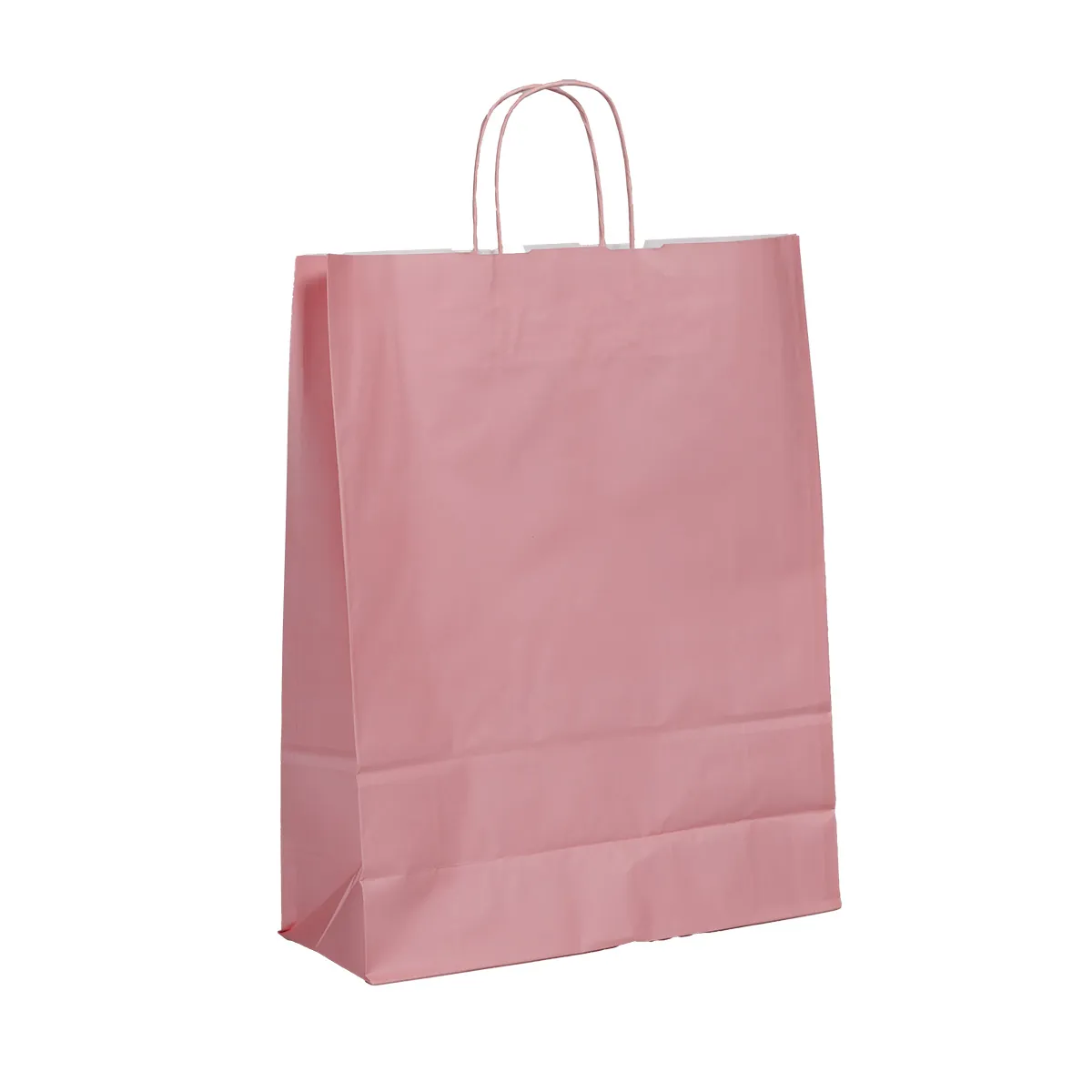 Sac kraft rose poudré à poignées torsadées – L 24 + 12 x H 31 cm – 90 g/m² – Paquet de 50 - Sacs kraft couleur poignées torsadées