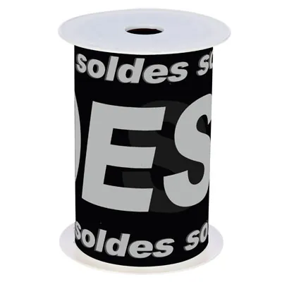 Banderole Soldes 15 cm x 10 m noir/argent plastique - Affichage Soldes - Banderoles Soldes et Destockage