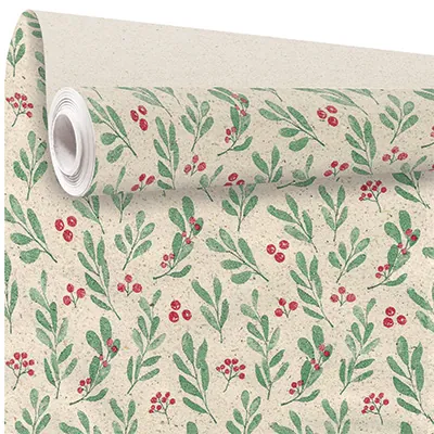 Papier cadeau herbe houx vert/rouge 70 cm x 25 m 65 g/m² – le rouleau - Papiers cadeaux kraft à motifs-1