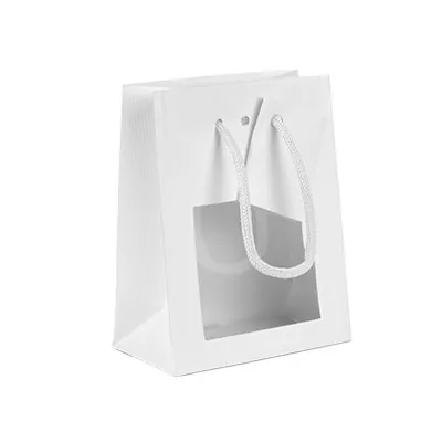 Sac pelliculé fenêtre poignées cordelette, blanc mat, 11,4 x 6,4 x 14,6 cm - Sacs pelliculés poignées cordelette