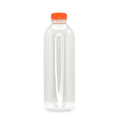 Bouteille ronde en plastique PET transparent avec bouchon orange 1000 ml - Bouteilles et pots cylindriques