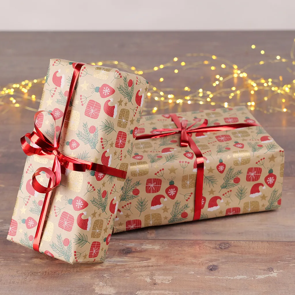 Papier cadeau kraft brun motifs Noël rouge/vert 70 cm x 50 m 65 g/m² – le rouleau - Papiers cadeaux kraft à motifs-4