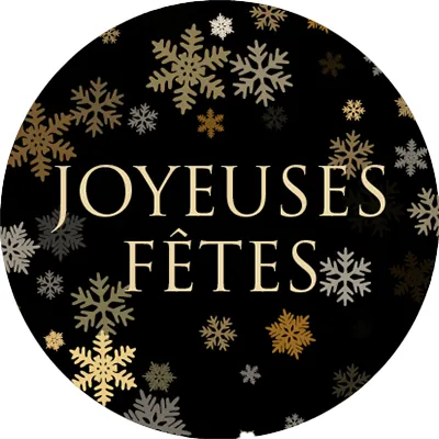 Étiquettes cadeaux adhésives rondes Joyeuses Fêtes flocons noir/or ø35 mm – Paquet de 500 - Étiquettes cadeaux adhésives