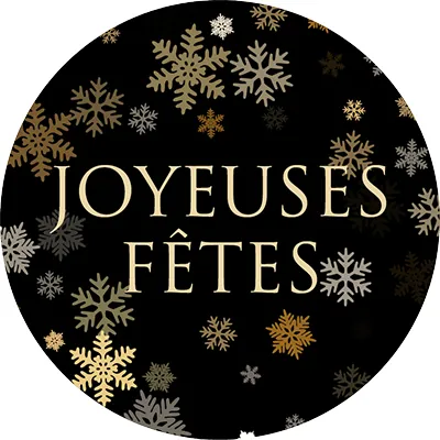 Étiquettes cadeaux adhésives rondes Joyeuses Fêtes flocons noir/or ø65 mm – Paquet de 200 - Étiquettes cadeaux adhésives