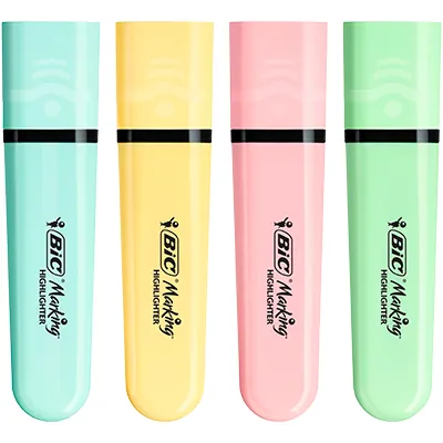 Surligneur BIC Highlighter Flat Pastel Fluo pointe biseautée – Pack de 4 couleurs - Surligneurs
