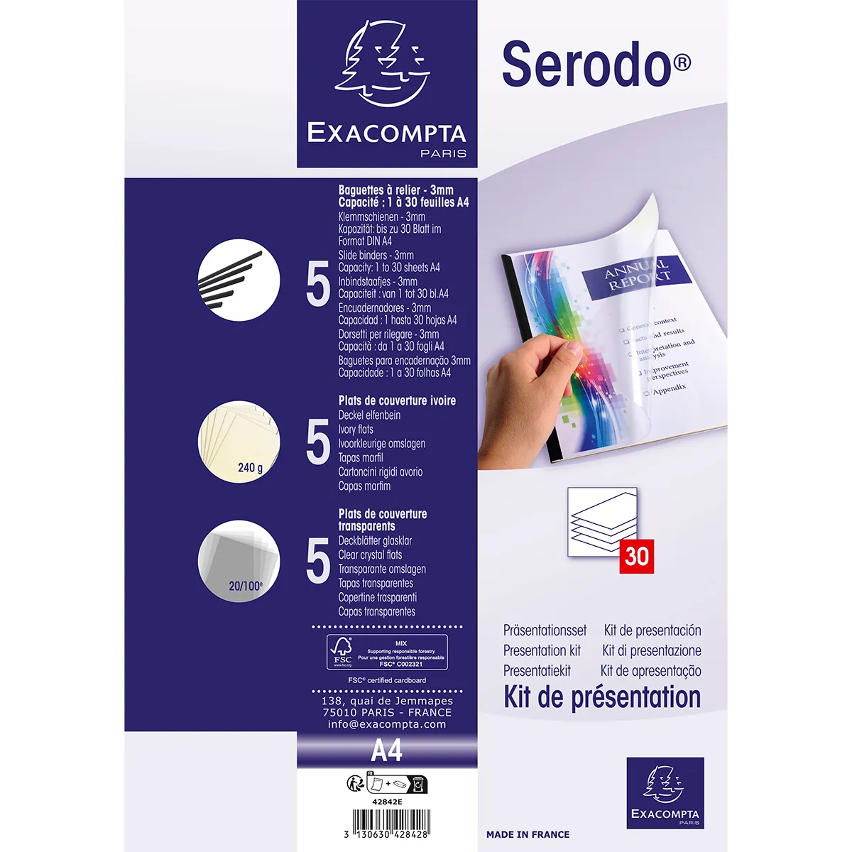 Kit reliure manuelle Serodo pour 5 dossiers 30 feuilles (5 baguettes à relier 3 mm noir, plats de couverture : 5 ivoire et 5 cristal) - Relieuses-3