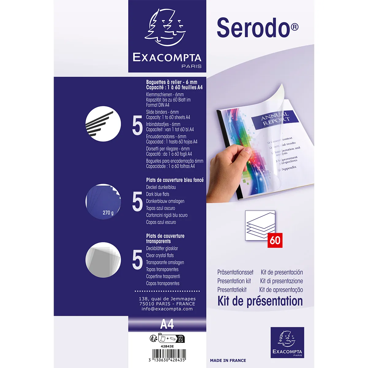 Kit reliure manuelle Serodo pour 5 dossiers 60 feuilles (5 baguettes à relier 6 mm noir, plats de couverture : 5 bleu et 5 cristal) - Relieuses-2