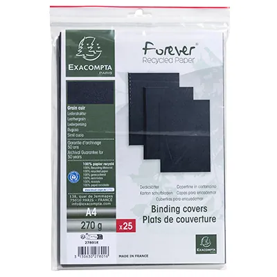 Couverture de reliure Grain cuir A4 noir 270g/m² - Plat de couverture - Paquet de 25 - Relieuses