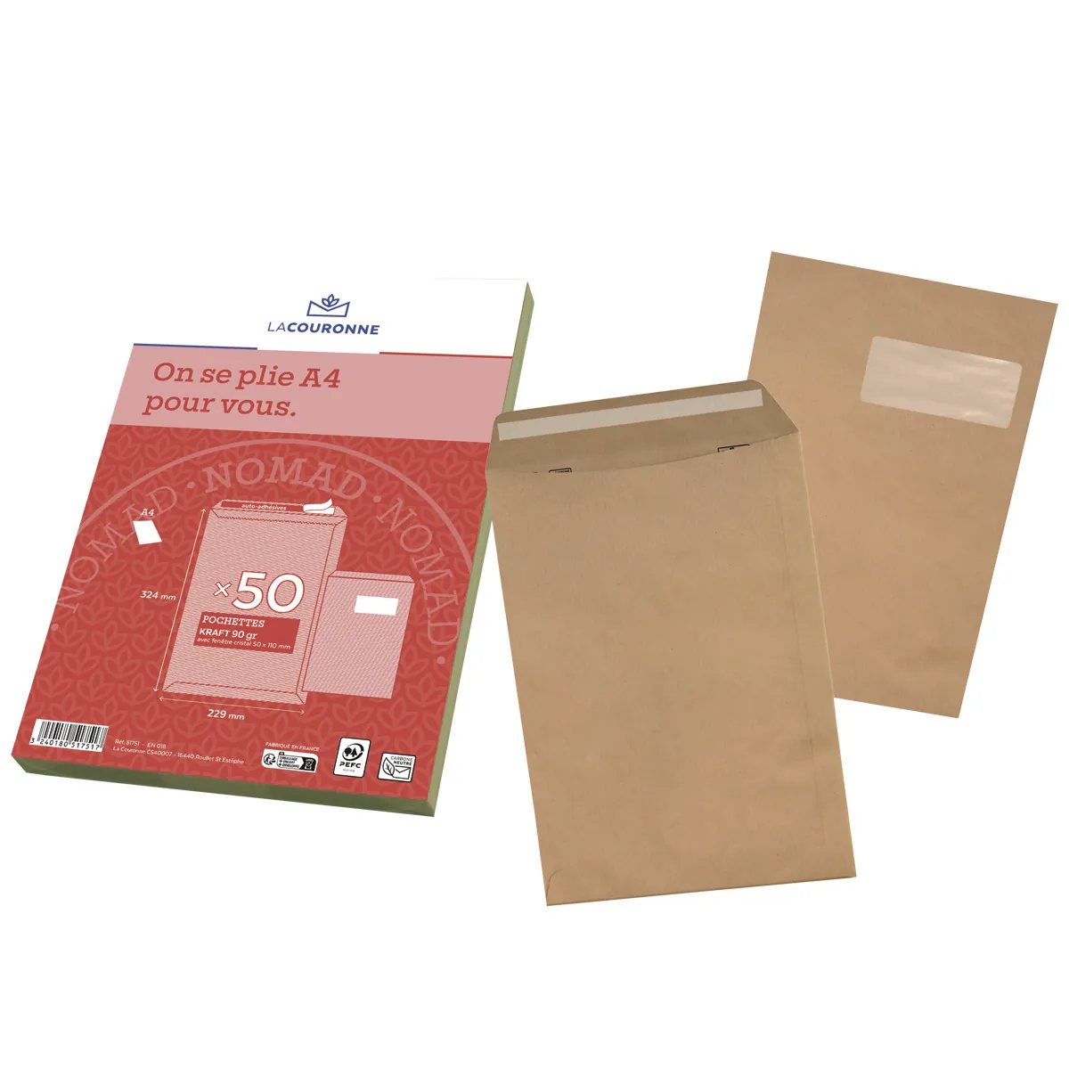 Pochette C4 kraft brun avec fenêtre La Couronne Nomad 229 x 324 mm 90g – Paquet de 50 - Pochettes kraft-1