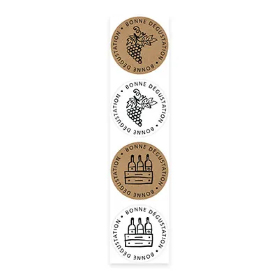 Étiquettes cadeaux adhésives rondes combi Bonne dégustation brun/noir/blanc ø35 mm – Paquet de 500 - Étiquettes cadeaux adhésives